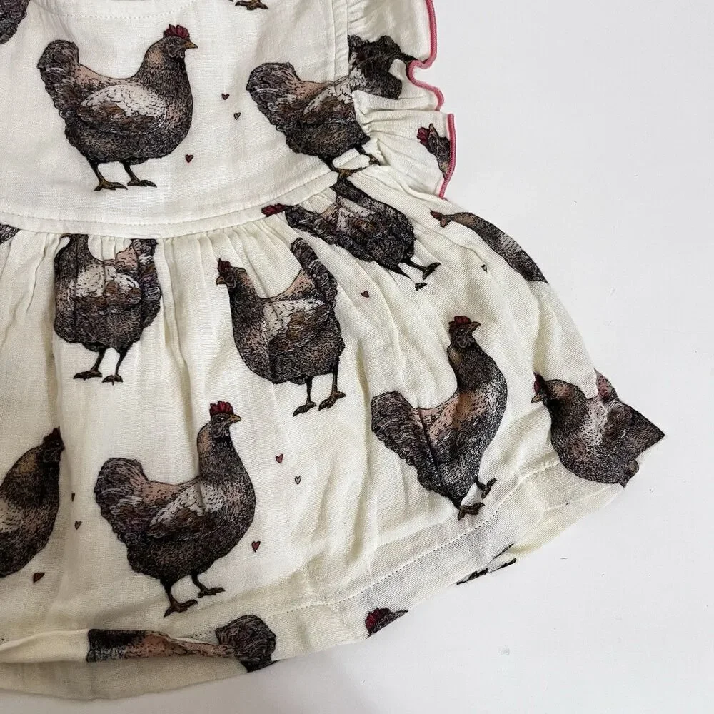 Pink Chicken Dress and Bloomers Set Chickens Print Gauze Girls Size 12-18 Months